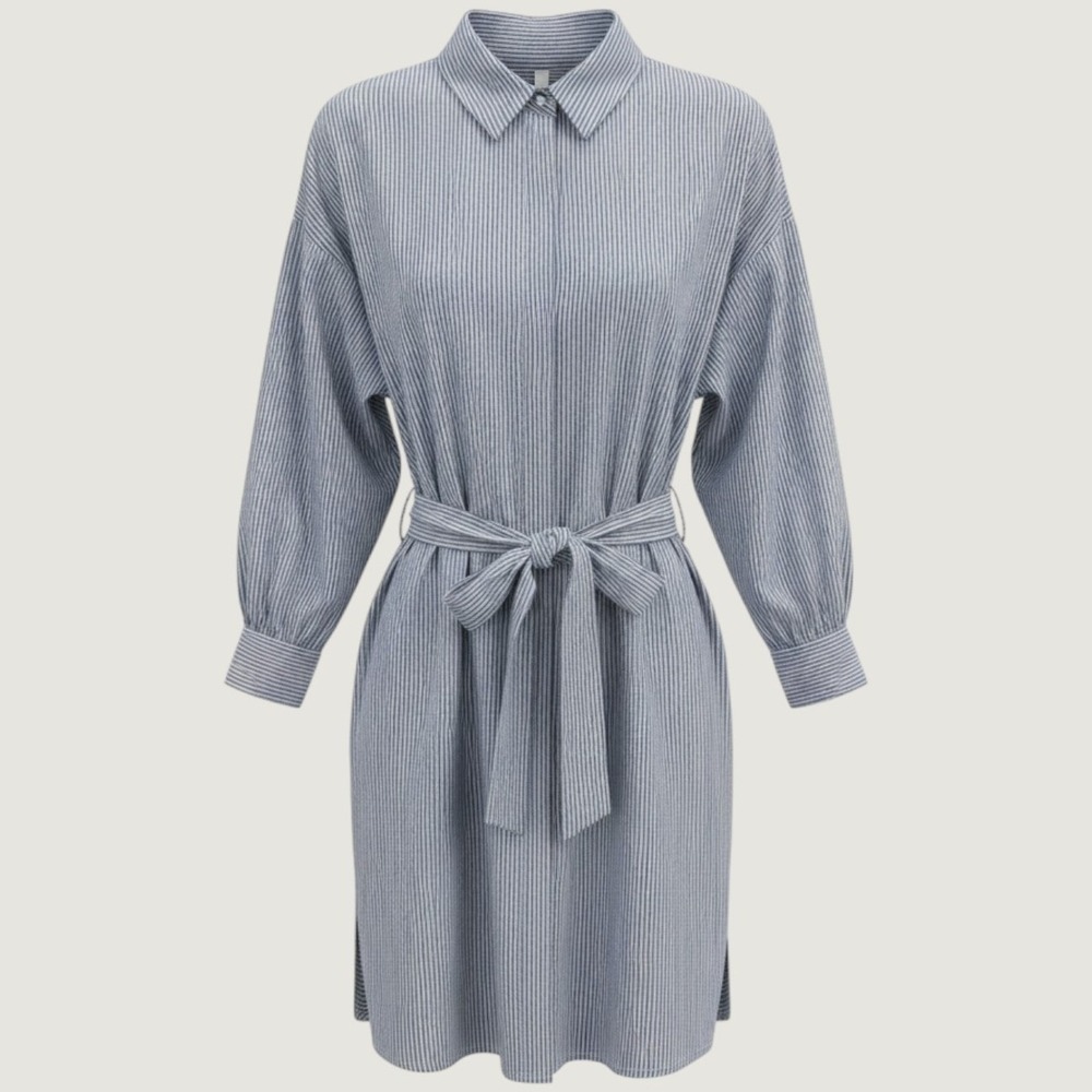 Ophelia Roe Preppy Coastal Blue Striped Shirt Dress 1X Belted Cotton Button-Up